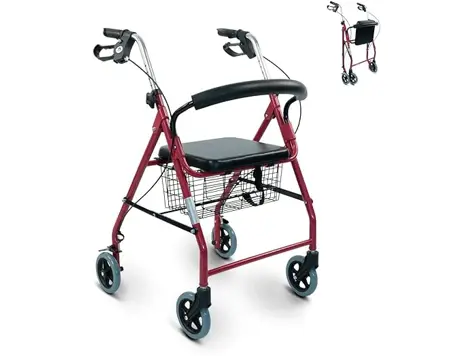 Andador Mobiclinic® Rollator 4 ruedas plegable con asiento, aluminio resistente, color frambuesa