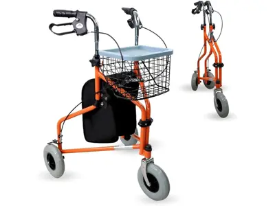 Mobiclinic® Andador 3 ruedas plegable Caleta con cesta y bolsa naranja