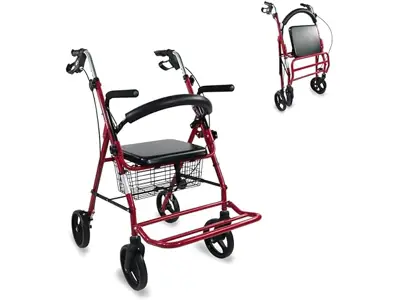 Andador Mobiclinic PRO: Aluminio ligero y plegable. Con asiento y frenos. Color burdeos.