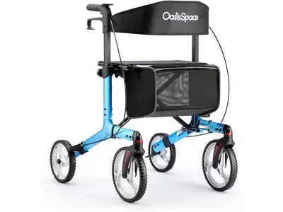 Andador OasisSpace de aluminio con ruedas de 25,4 cm y asiento plegable (azul)